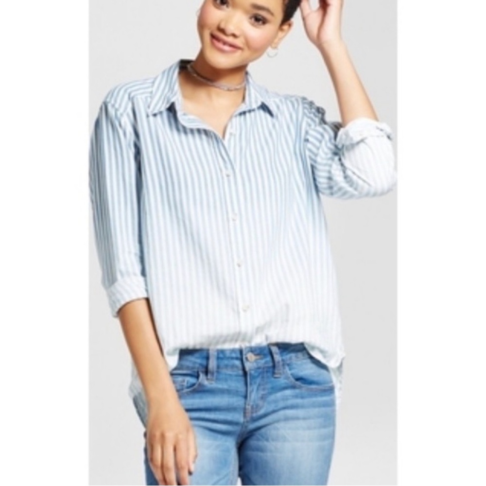 Blue and white pinstripe button up shirt